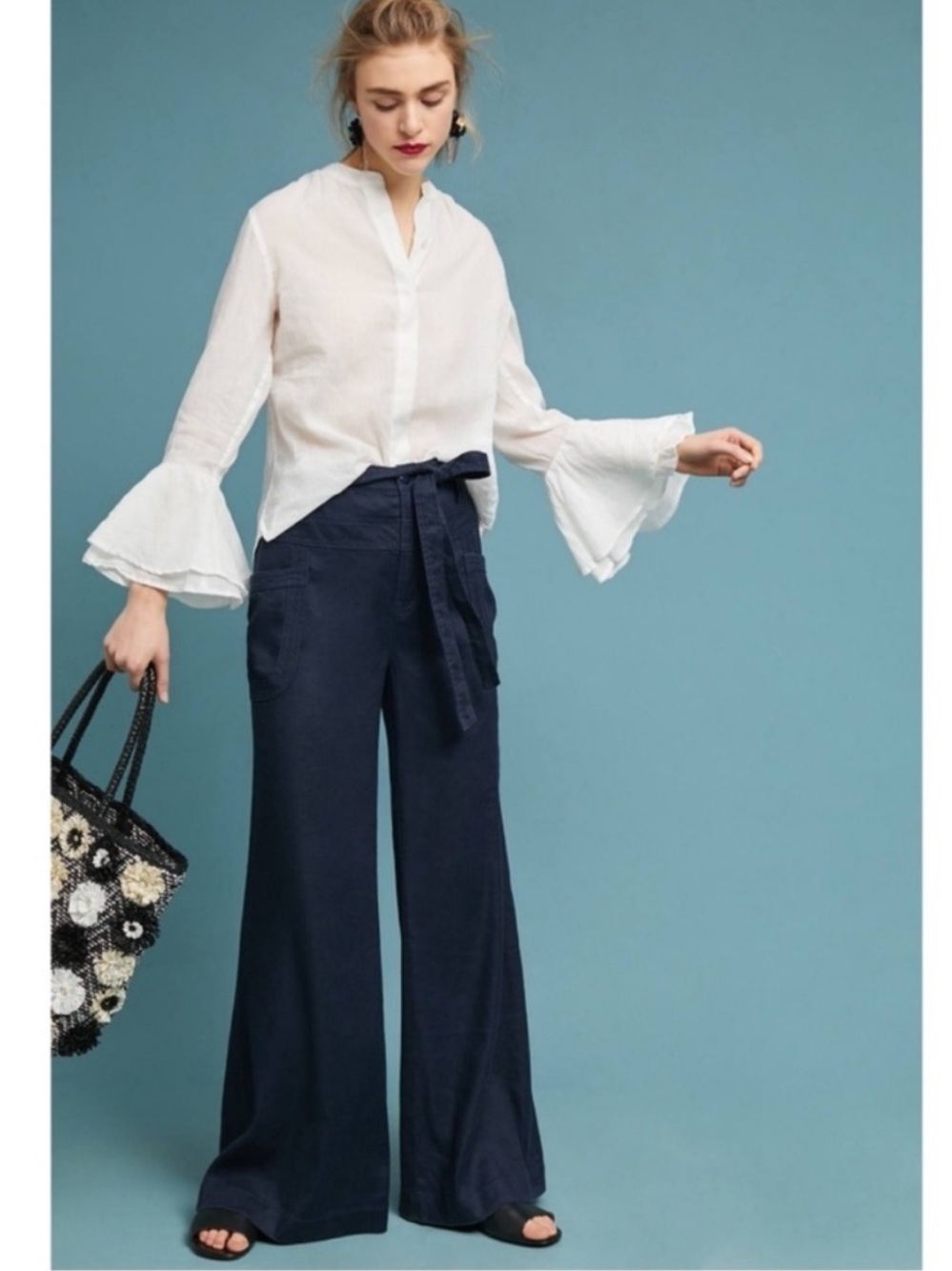 ANTHROPOLOGIE Wide Leg Linen Blend Trousers Navy High Rise Belted Pants Size 25
